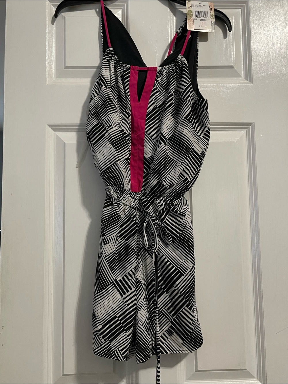 Accidentally In Love Black & White Geometric Romper with Pink Trim
